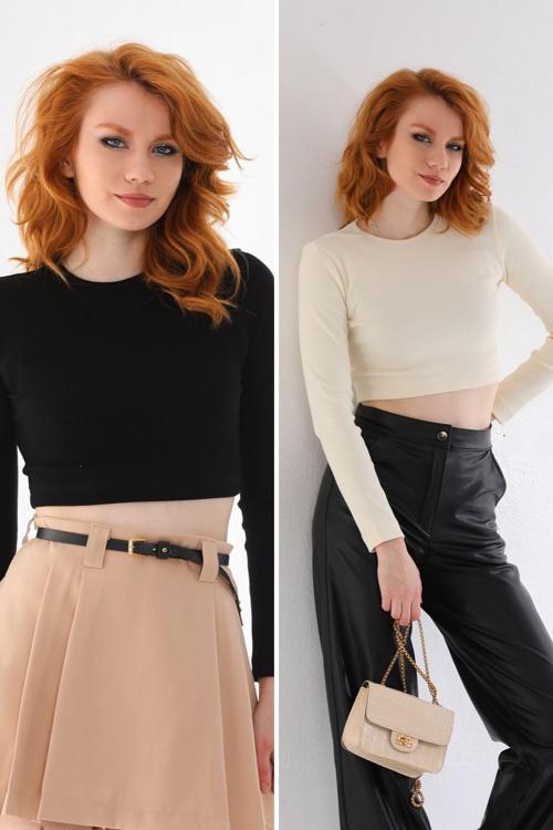 Siyah-Ekru 2'Li Paket Fitted/Vücuda Oturan Bisiklet Yaka Crop Fitilli Esnek Örme Bluz