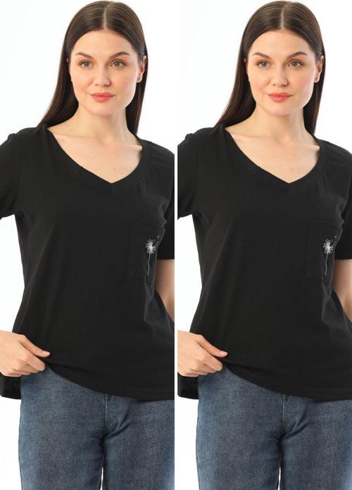 2'Li Paket Siyah V Yaka Rahat Kalıp Nakışlı %100 Pamuk T-Shirt