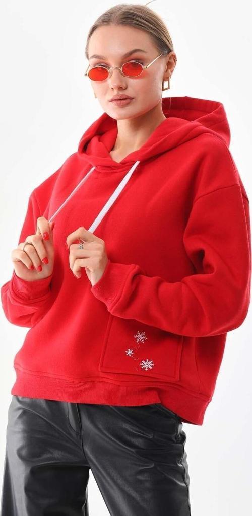 Kırmızı Kışlık Kalın Kar Tanesi Baskılı Cepli Kapüşonlu Oversize/Geniş Kesim Sweat