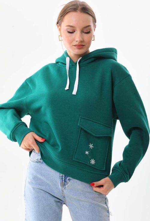 Yeşil Kışlık Kalın Kar Tanesi Baskılı Cepli Kapüşonlu Oversize/Geniş Kesim Sweatshirt