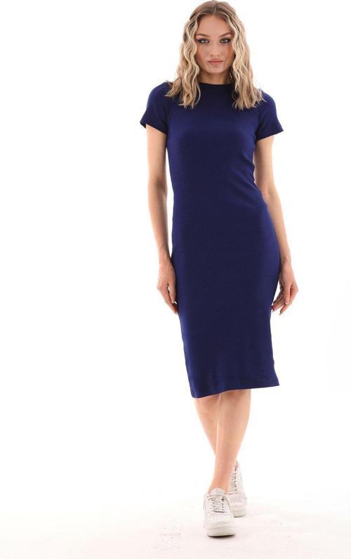 Lacivert Vücuda Oturan Kısa Kollu Bisiklet Yaka Diz Altı Fitilli Esnek Kalem Elbise - 115 Cm
