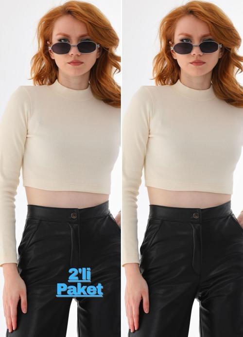 Ekru 2'Li Paket Dik Yaka Fitted/Vücuda Oturan Crop Fitilli Esnek Örme Bluz