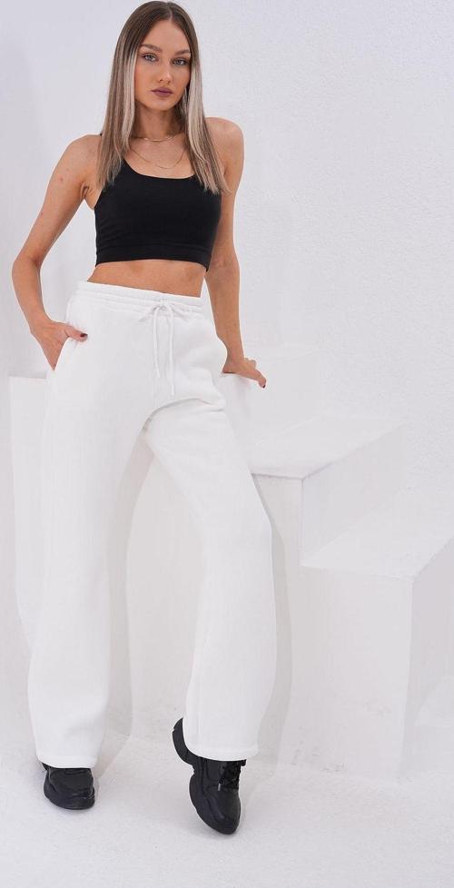 Beyaz Şardonlu Kalın 3 Iplik Rahat Kalıp Bol Paça Kadın Eşofman Altı