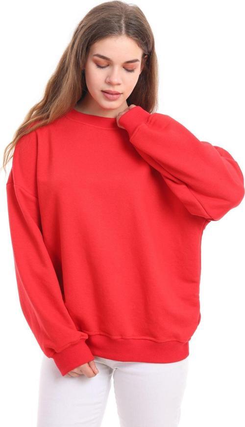 Kırmızı Dökümlü Rahat Kalıp %100 Pamuk 3 İplik Minimal Nakışlı Kadın Sweat