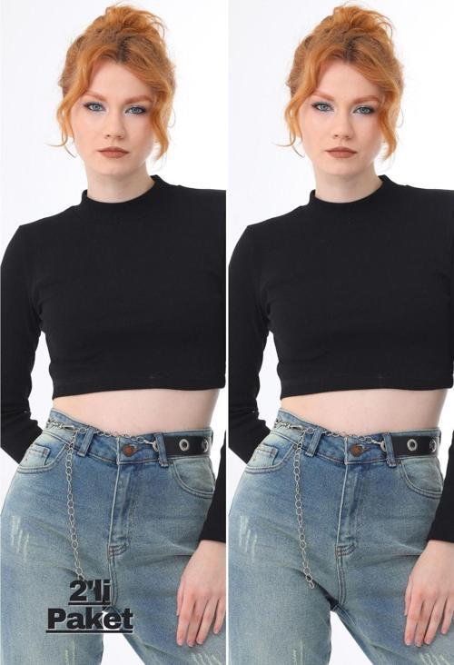 Siyah 2'Li Paket Dik Yaka Fitted/Vücuda Oturan Crop Fitilli Esnek Örme Bluz