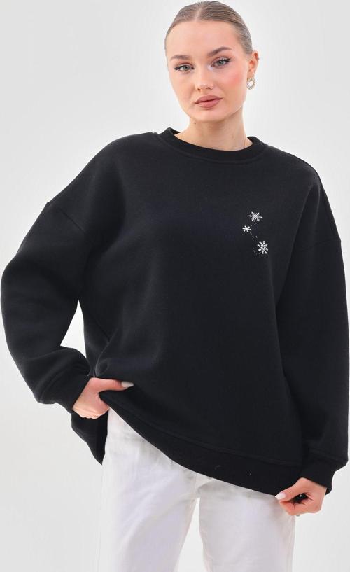 Oversize/Rahat Kalıp Kar Tanesi Desenli Içi Polarlı Kalın Siyah Kadın Sweatshirt