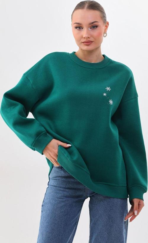 Oversize/Rahat Kalıp Kar Tanesi Desenli İçi Polarlı Kalın Yeşil Kadın Sweat