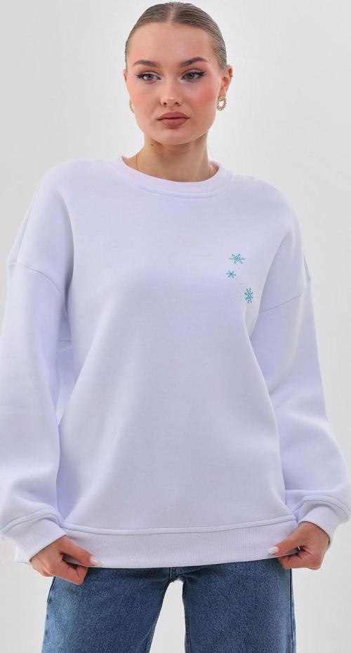 Oversize/Rahat Kalıp Kar Tanesi Desenli Içi Polarlı Kalın Beyaz Kadın Sweatshirt