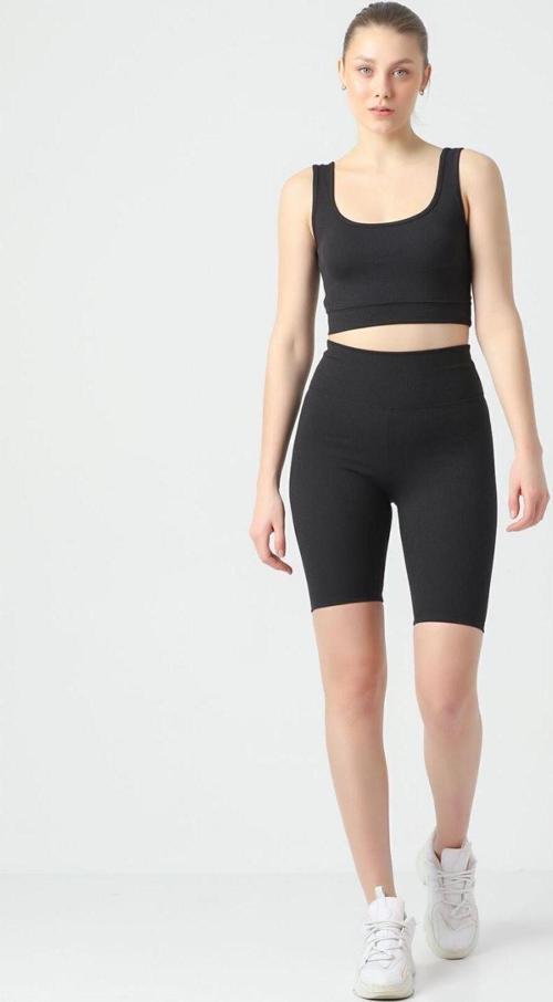 Siyah Toparlayıcı Esnek Fitilli Spor Bra - Biker Tayt Takım