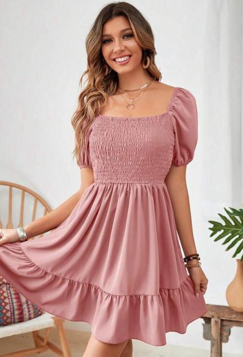 Pembe Carmen Yaka Fırfırlı Diz Üstü Gipeli Aerobin Elbise 95 Cm