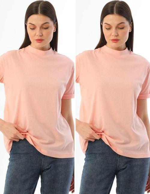Pudra Pembe 2'Li Paket Dik Yaka Rahat Kalıp %100 Pamuk T-Shirt