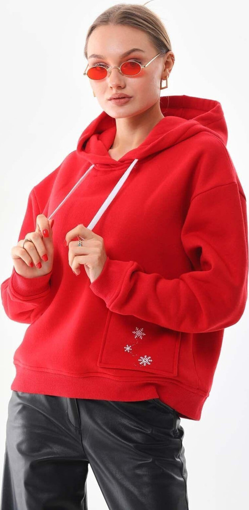 Kırmızı Kışlık Kalın Kar Tanesi Baskılı Cepli Kapüşonlu Oversize/Geniş Kesim Sweat