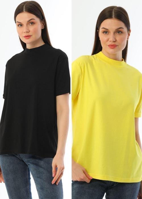 Siyah-Sarı 2'Li Paket Dik Yaka Rahat Kalıp %100 Pamuk T-Shirt