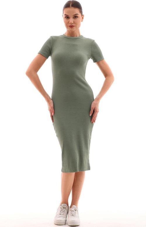 Haki Yeşil Vücuda Oturan Kısa Kollu Bisiklet Yaka Diz Altı Fitilli Esnek Kalem Elbise - 115 Cm