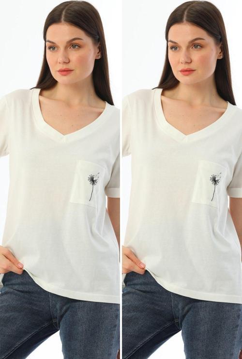 2'Li Paket Ekru V Yaka Rahat Kalıp Nakışlı %100 Pamuk T-Shirt