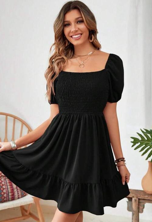 Siyah Carmen Yaka Fırfırlı Diz Üstü Gipeli Aerobin Elbise 95 Cm