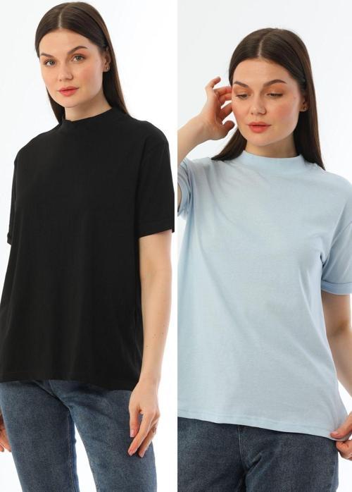 Siyah-Mavi 2'Li Paket Dik Yaka Rahat Kalıp %100 Pamuk T-Shirt