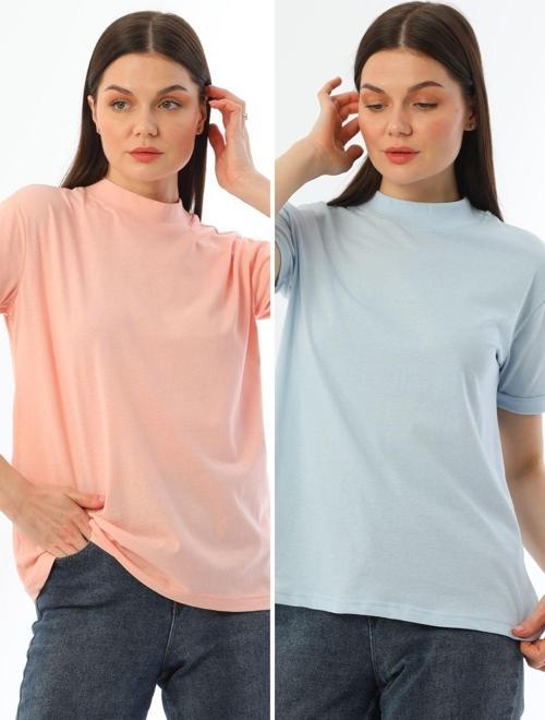 Pembe-Mavi 2'Li Paket Dik Yaka Rahat Kalıp %100 Pamuk T-Shirt