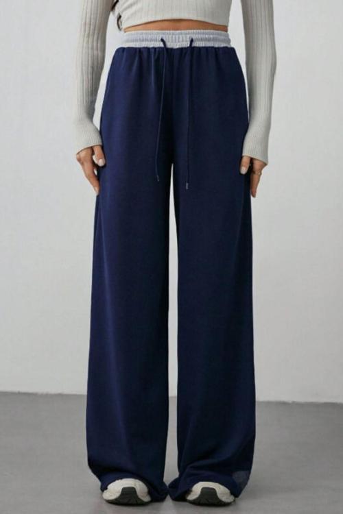 Lacivert Bol Paça Yüksek Bel Kontrast Kemer Ve Cepli Kadın Eşofman Altı