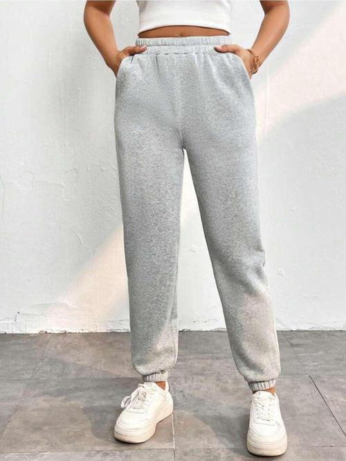 Gri Kışlık Kalın Içi Polarlı Yüksek Bel Paçası Lastikli Basic Jogger Eşofman Altı