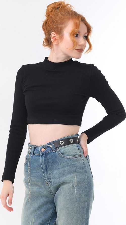 Ekru Dik Yaka Fitted/Vücuda Oturan Crop Fitilli Esnek Örme Bluz