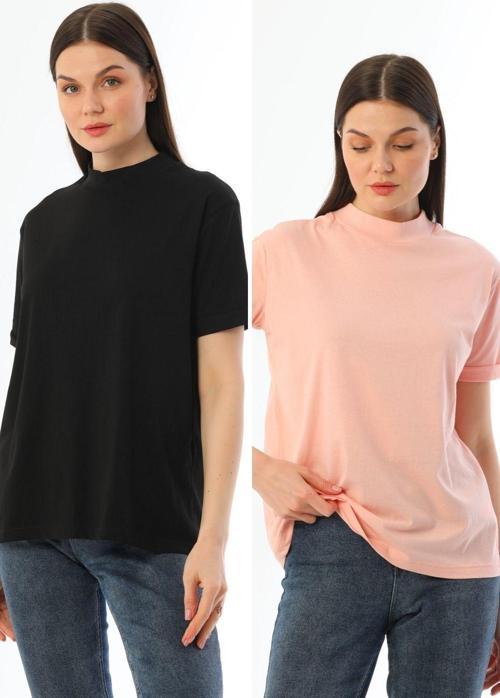 Siyah-Pembe 2'Li Paket Dik Yaka Rahat Kalıp %100 Pamuk T-Shirt