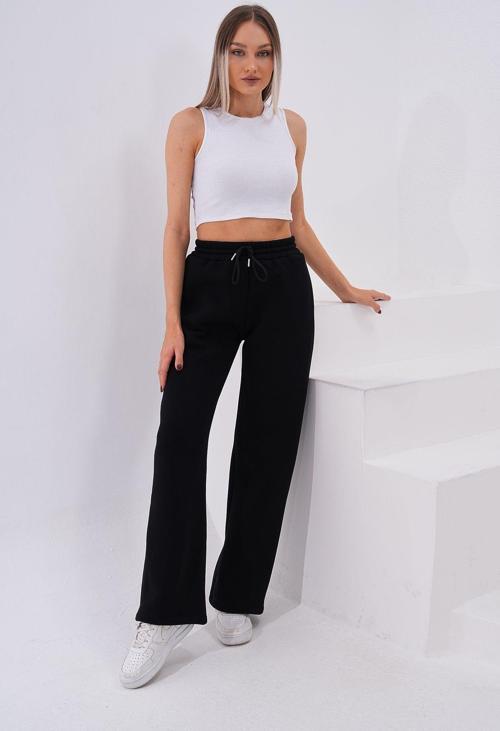 Siyah Şardonlu Kalın 3 İplik Rahat Kalıp Bol Paça Kadın Eşofman Altı