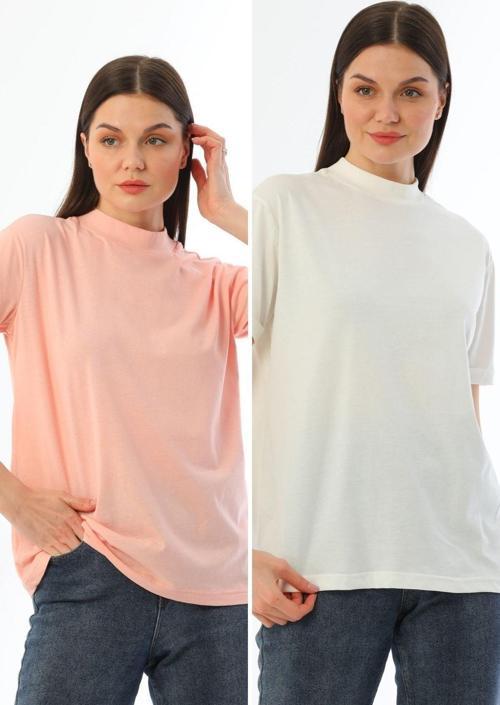 Ekru-Pembe 2'Li Paket Dik Yaka Rahat Kalıp %100 Pamuk T-Shirt