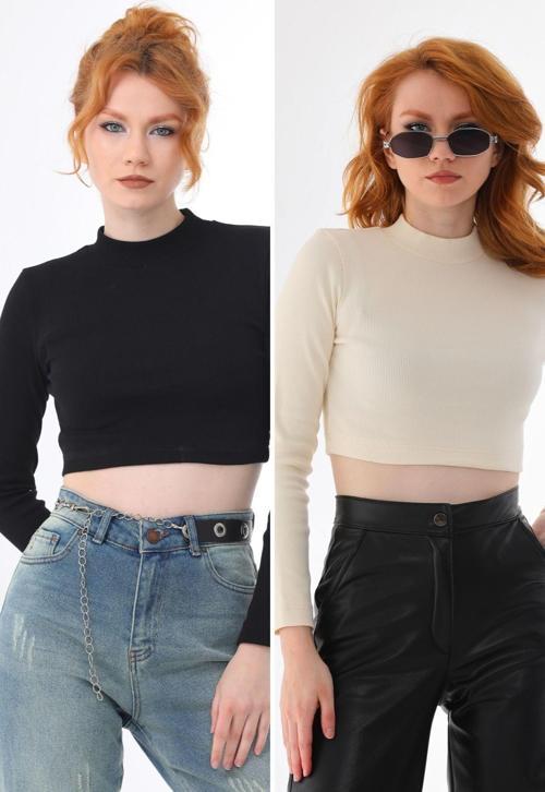 Siyah-Ekru 2'Li Paket Dik Yaka Fitted/Vücuda Oturan Crop Fitilli Esnek Örme Bluz