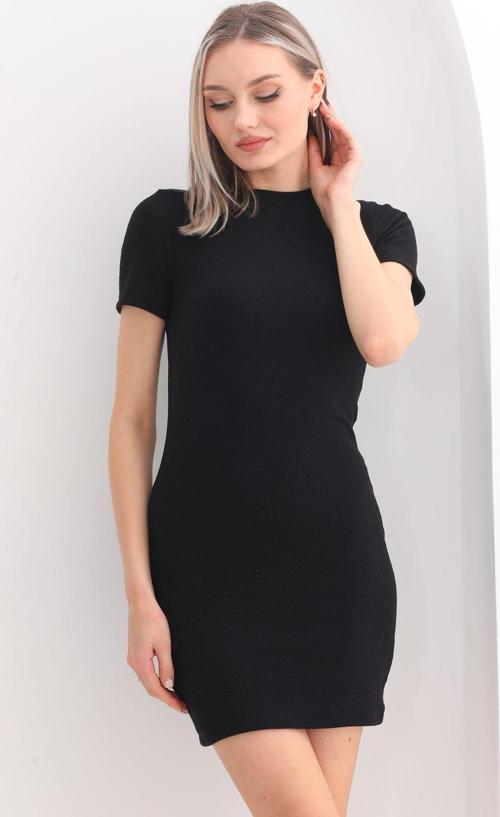 Siyah Kısa Kollu Bisiklet Yaka Diz Üstü Fitilli Esnek Kaşkorse Fitted/Vücuda Oturan Elbise - 90 Cm