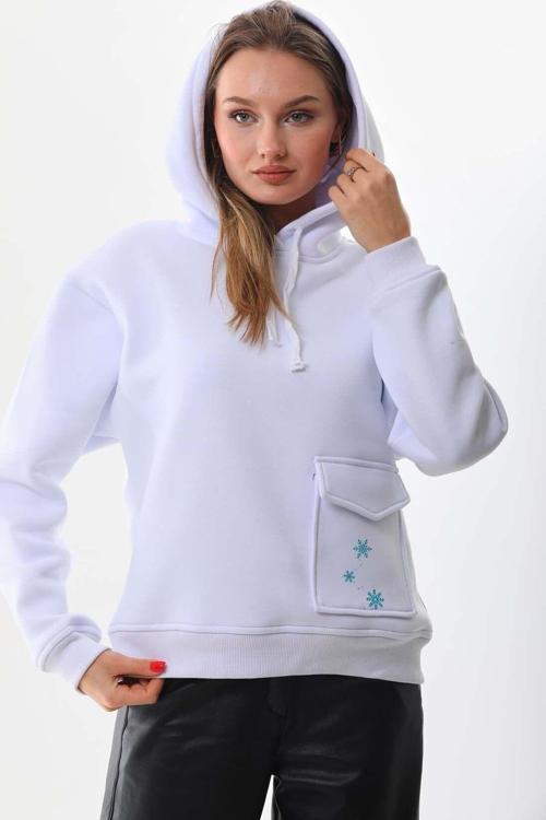 Beyaz Kışlık Kalın Kar Tanesi Baskılı Cepli Kapüşonlu Oversize/Geniş Kesim Sweatshirt