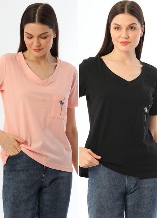 2'Li Paket Pembe-Siyah V Yaka Rahat Kalıp Nakışlı %100 Pamuk T-Shirt