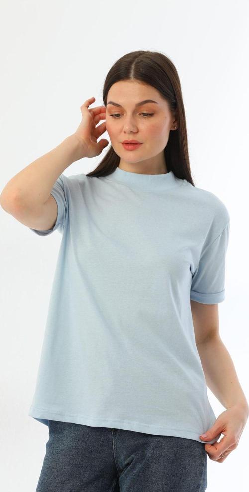 Açık Mavi Dik Yaka Rahat Kalıp %100 Pamuk T-Shirt
