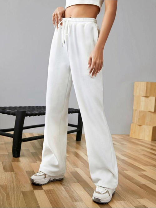 Ekru Beyaz Kışlık Kalın Şardonlu Içi Polarlı Yüksek Bel Bol Paça Bağcıklı Gizli Cepli Eşofman Altı