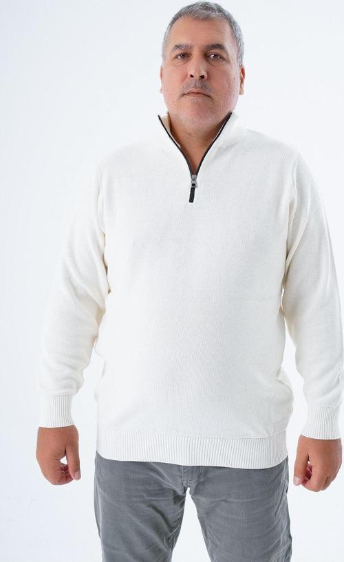 Büyük Beden Erkek Ekru Fermuarlı Dik Yaka Pirinç Örgü %100 Pamuk Triko Kazak Trıst-2113