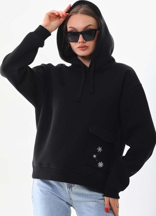 Siyah Kışlık Kalın Kar Tanesi Baskılı Cepli Kapüşonlu Oversize/Geniş Kesim Sweatshirt