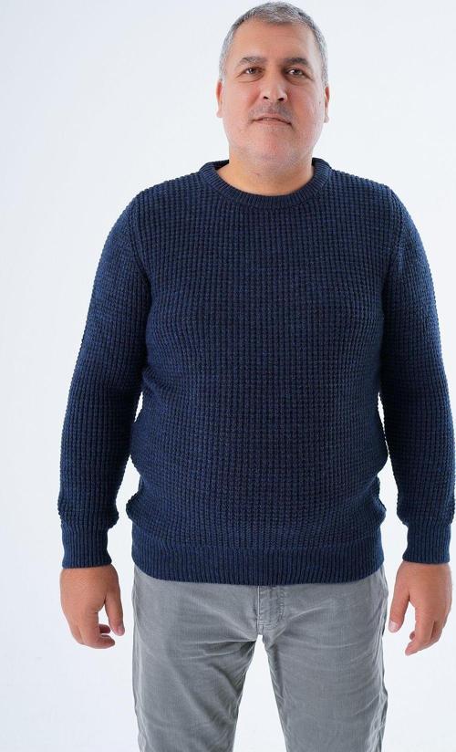 Büyük Beden Erkek Lacivert Selanik Örgü Bisiklet Yaka Triko Yün Kazak Trıst-2116