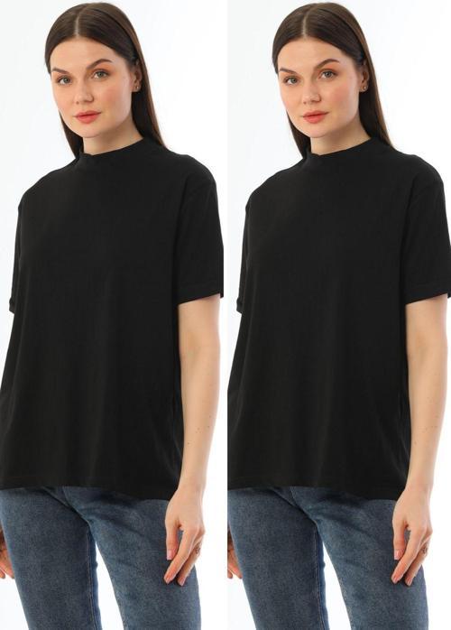 Siyah 2'Li Paket Dik Yaka Rahat Kalıp %100 Pamuk T-Shirt