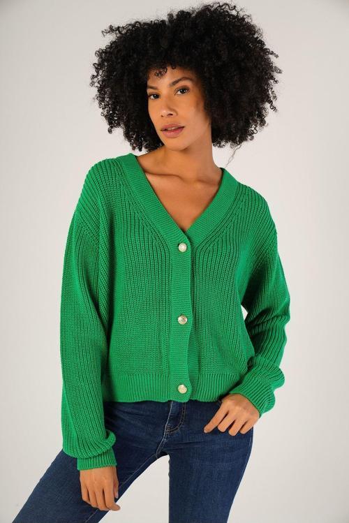 Yeşil Kadın Selanik Örgü V Yaka %100 Pamuk Hırka