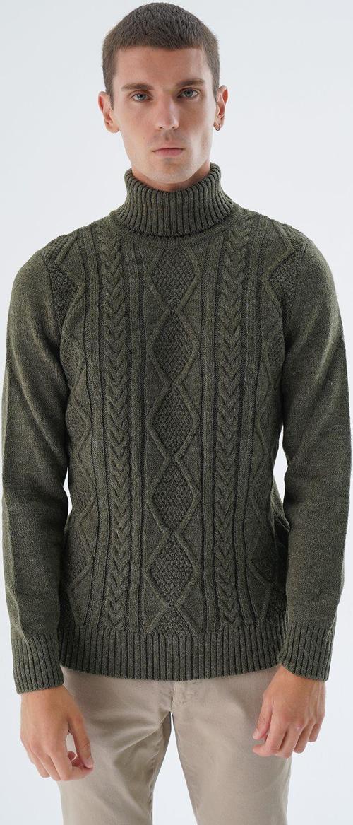 Erkek Haki Balıkçı Yaka Yürütme Saç Örgülü Yün Triko Örme Kazak Trıst-5336