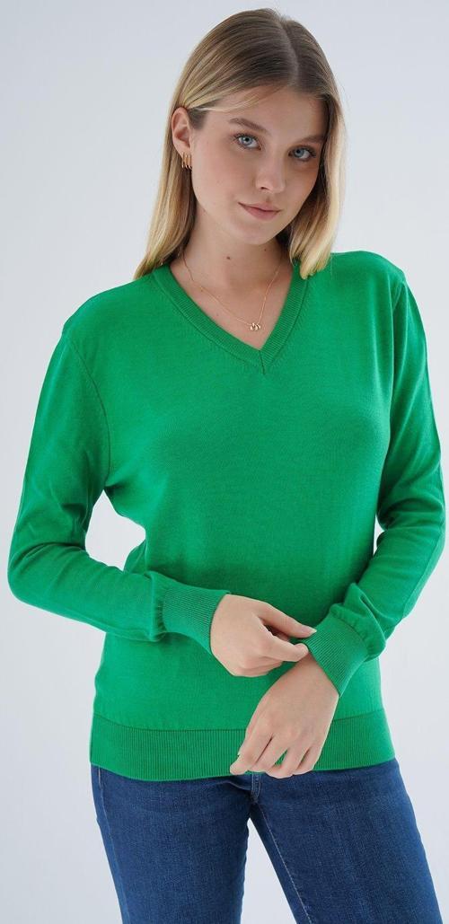Yeşil %100 Organik Pamuk V Yaka Triko Kazak Bluz