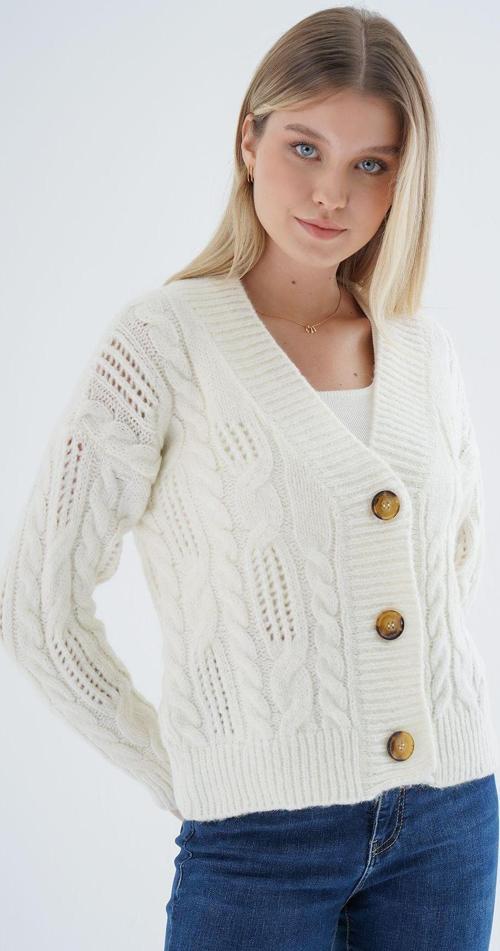 Kadın Kemik Oversize V Yaka Saç Örgülü Ajurlu Düğmeli Yün Karışımlı Triko Örme Uzun Hırka