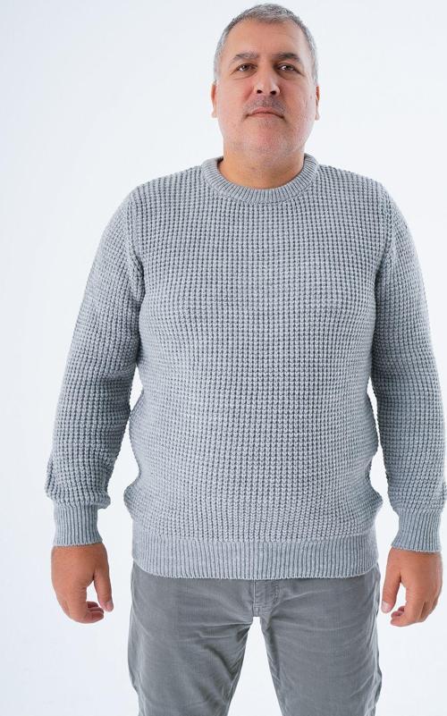 Büyük Beden Erkek Gri Selanik Örgü Bisiklet Yaka Triko Yün Kazak Trıst-2116