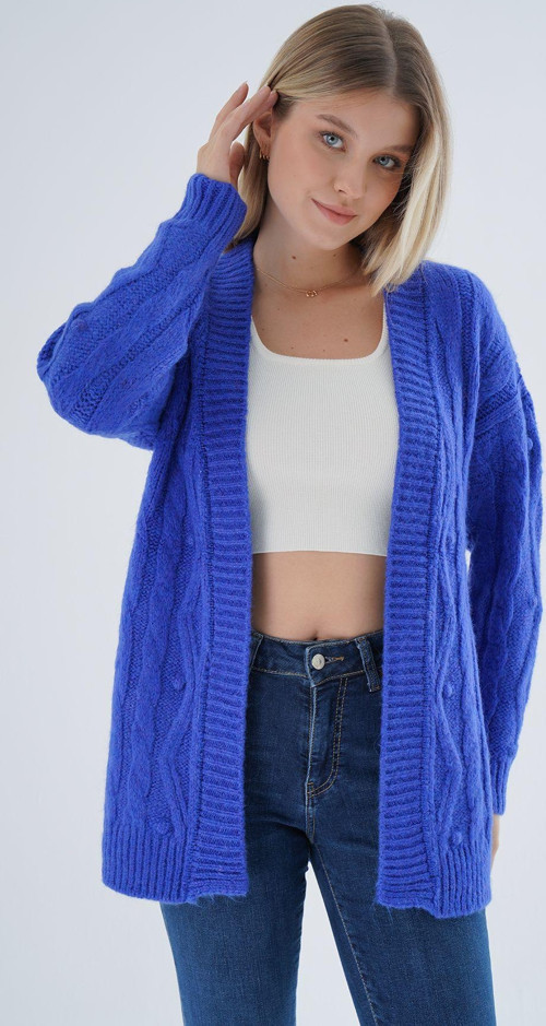 Kadın Saks Oversize Pon Ponlu Yürütme Örgülü Uzun Yün Karışımlı Triko Örme Hırka Trıst-6165