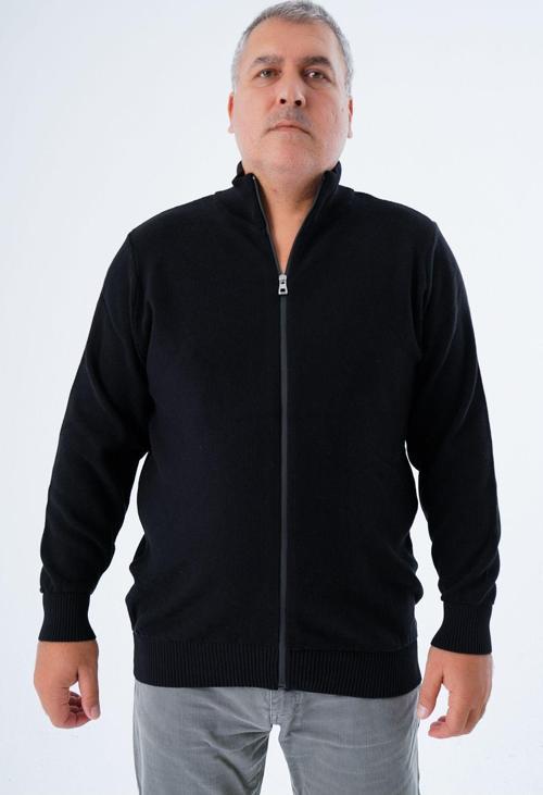 Siyah Büyük Beden Erkek Fermuarlı Dik Yaka Pirin Örgü %100 Pamuk Triko Hırka Trıst-2114