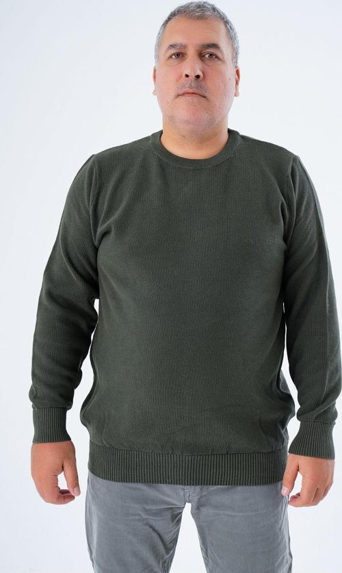 Büyük Beden Erkek Haki Bisiklet Yaka Pirinç Örgü %100 Pamuk Triko Kazak Trıst-2112