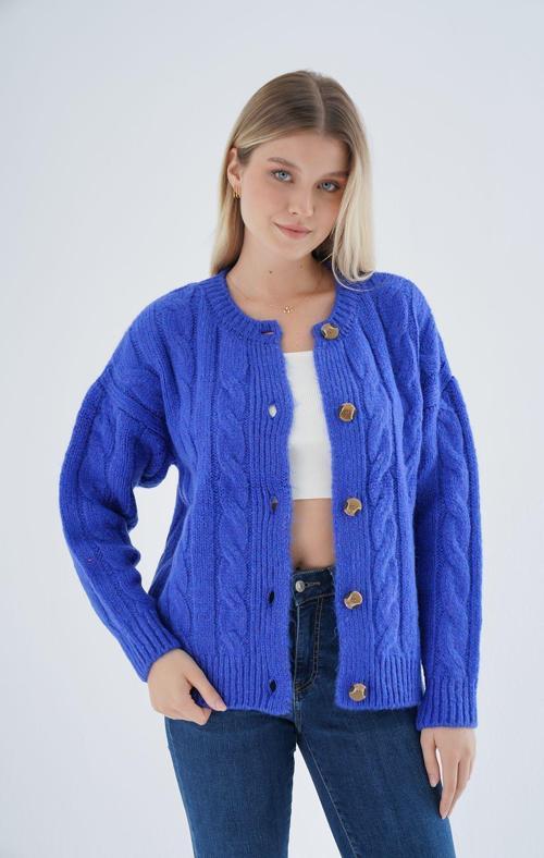 Kadın Saks Oversize Bisiklet Yaka Düğmeli Saç Örgülü Yün Karışımlı Triko Örme Hırka Trıst-6166