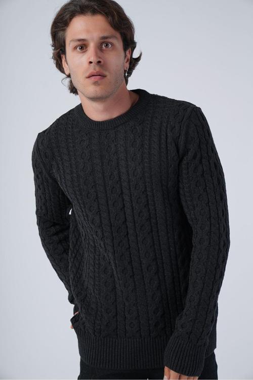 Antrasit Erkek Saç Örgülü Pamuk Bisiklet Yaka %100 Pamuk Kazak