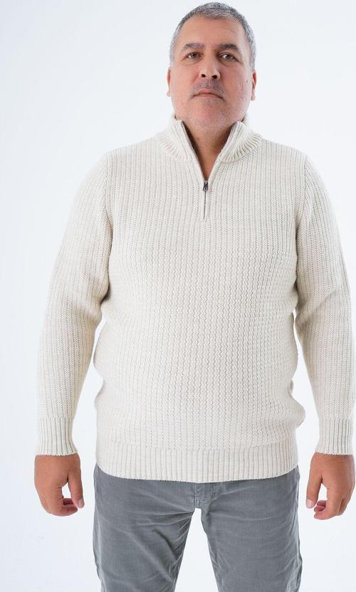Büyük Beden Erkek Bej Zikzak Yürütmeli Dik Yaka Kısa Fermuarlı Triko Yün Kazak Trıst-2117