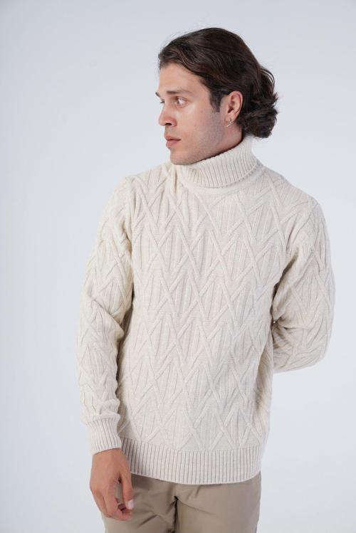 Bej Erkek Yürütme Saç Örgülü Çarpı Desenli Balıkçı Yaka Triko Yün Kazak